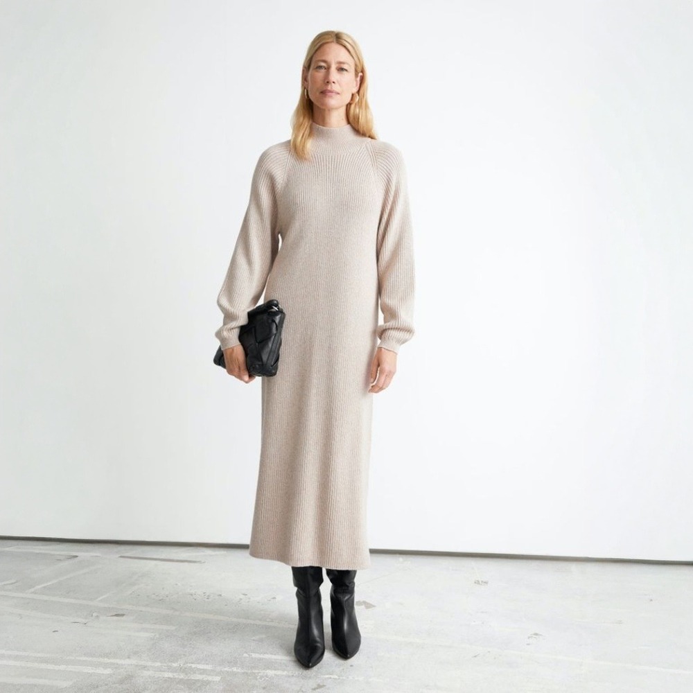 & Other Stories | Mock Neck Ribbed Knit Wool Blend Midi Dress in Oatmeal Tan‎